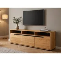 Massivart® Lowboard 153 cm Breite TV-Board Massivholz Wildeiche geölt »ARAYA«, 1 Schublade · 2 Drehtüren · 3 Gerätefächer · schwarze Griffmulden