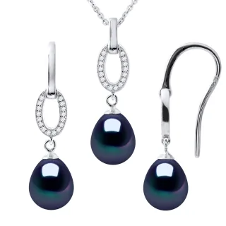 NORMANDY Schmuck Halskette & Ohrringe baumeln schwarz Süßwasserperle 925