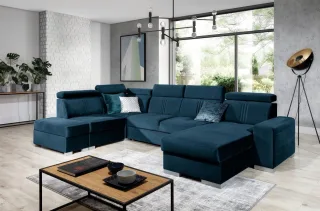 Wohnlandschaft Schlafsofa NOLAN inkl. USB in Stoff Element Blau Ottomane Rechts