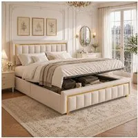 PXloue Stauraumbett Elegantes Polsterbett mit goldenen Akzenten und gepolstertem Kopfteil, Luxuriöses Design mit stabilem Gestell und hochwertigem Bezug.