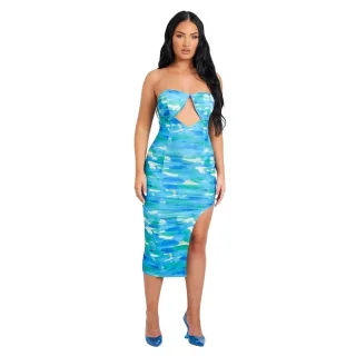 Missy Empire - Midikleid für Damen, Ausgeschnittene Seite, Netzmaterial, Anliegend (Blau)