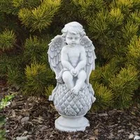 gartendekoparadies.de Gartenfigur Engel auf Einer Kugel Grabengel, Steinfigur, H. 37 cm, 6 kg, Frostsicher