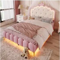 Flieks Polsterbett, LED Prinzessinnenbett Kinderbett 140x200cm mit Krone-Design-Kopfteil