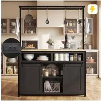 Flieks Kücheninsel 183cm hoher Küchenschrank mit Arbeitsplatte, Hängeregal & Steckdose, (107x62x183 cm), Highboard Küchenbuffet mit Schiebetüren und Haken Holzoptik Schwarz