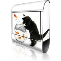 banjado Wandbriefkasten Silber Stahl mit Motiv Katze Und Fisch (Wandbriefkasten witterungsbeständig, pulverbeschichtet, mit Zeitungsfach), 47 x 39 x 14 cm