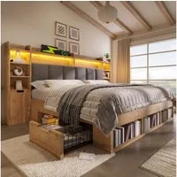 BlingBin Holzbett Systembett in Eicheoptik mit LED-Polsterkopfteil (1-tlg., Struraumbett mit USB/USB‑C Ladefunktion, 2 rollbare Nachttische), Holzlattenrost – 180x200, Stauraum & Rollschubladen(ohne Matratze)