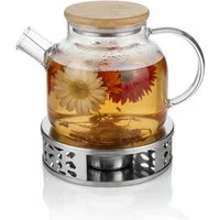 Arendo Teekanne Glas Teebereiter mit Stövchen, Sieb & Bambusdeckel für losen Tee, 1,4 l, (Set, Glaskanne, Teesieb, Rechaud), Borosilikatglas, Tischkocher, Edelstahlsieb, hitzebeständig, Geschenk