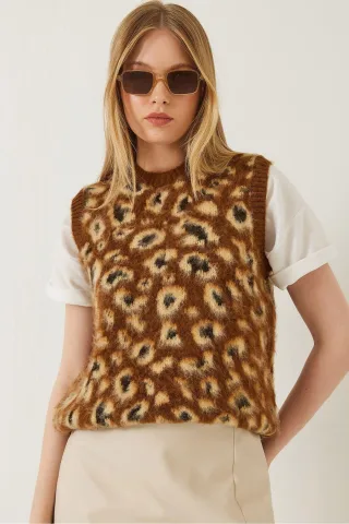 Leopardenmuster Rippstrick-Westenpullover
