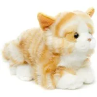 Uni-Toys Kuscheltier Katze mit Stimme (braun-weiß) - 20 cm (Länge) - Plüsch, Plüschtier, zu 100 % recyceltes Füllmaterial