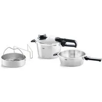 Fissler Schnellkochtopf Vitavit® Premium Dampfkochtopf Set Edelstahl Made in Germany, Edelstahl 18/10 (4-tlg), Verriegelungsanzeige, Einstellbares Abdampfen, Einstellbare Kochstufen