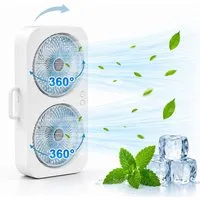 MOPUEA Standventilator 90° Drehbar Doppelkopf Ventilator Luftzirkulator USB Tischventilator, 3 Windstufen Mit Handyhalterung Stand- & Wandmontage Akku Leise