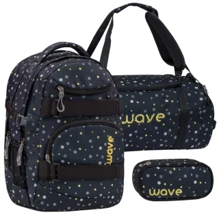 Wave Schulrucksack Set BLACK AND YELLOW DOTS 3teilig mit Sporttasche und Schlamper