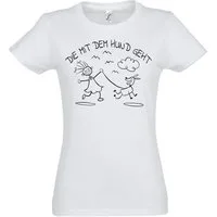 Youth Designz T-Shirt Die Mit Dem Hund Geht Damen T-Shirt lustiger Print Frauen Geschenk mit trendigem Frontprint