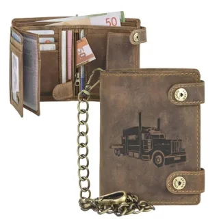 Kettenbörse mit Truck-Prägung aus Leder antikbraun | Greenburry Vintage | Robuste Bikerbörse mit Karabinerkette für maximale Sicherheit.
