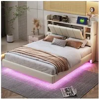 Merax Polsterbett mit LED und USB-Anschluss (1-tlg., Jugendbett Mehrzweckbett Stauraumbett), Doppelbett 140x200cm mit umklappbarem Kopfteil & Ablagefächern, Leinen