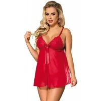 Lau-Fashion Negligé Babydoll Spitze Schleifchen Rot Kleid Dessous Reizwäsche Slip S/M