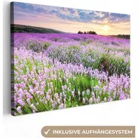 OneMillionCanvasses® Leinwandbild Blumen - Lavendel - Lila - Himmel - Sonnenuntergang - Wiese - Natur, Fotodruck (1 St), Leinwand Bilder Klein, Wand Dekoration Aesthetic 30x20 cm