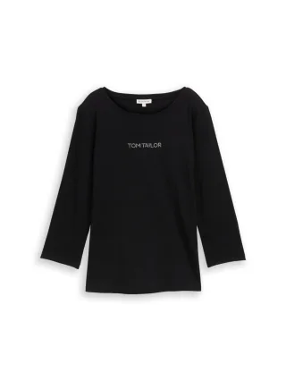 Tom Tailor - Slim Fit Langarmshirt mit Glitzer-Logo schwarz - Gr. - S