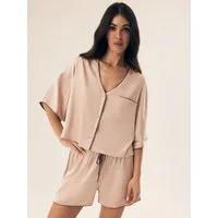 ESOTIQ Pyjama Schlafanzug Shorty aus Satin Kurzarm mit V-Ausschnitt zweiteilig Dill2 (2 tlg)