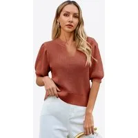 Imily Bela Kurzarmpullover Damen Waffelstrickpullover mit Puffärmeln (Packung, 1-tlg., 1per-Pack) mit V-Ausschnitt