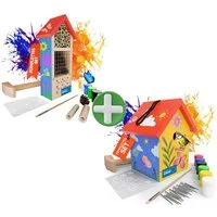 Eli Insektenhotel Bausatz für Kinder aus Kiefernholz zum Bemalen DIY Bienenhaus, (inkl 6 Farben - Pinsel - Holzhammer - Nägel - Schablonen & Vorlagen, Wildbienenhotel für Garten & Balkon), Komplett Set
