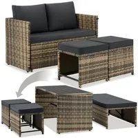 tectake Sitzgruppe 2-in-1-Rattanlounge-Set, höhenverstellbare Tischfüße, (Rattansitzmöbel Monopoli, 3-tlg., in natur), Tisch mit Lamellen, Belastbarkeit Bank 250 kg, Tisch 100 kg