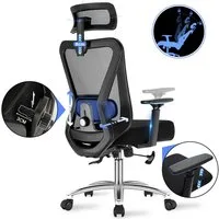 Durrafy Bürostuhl Ergonomischer Bürostuhl, Schreibtischstuhl Höhenverstellbarer Schwarz (4D-verstellbare Lendenstütze, Verstellbarer Kopfstütze & Armlehnen, Belastbar bis 200KG), 3-stufiger Neigungsarretierung 90-130°, Höhenverstellbarer Drehstuhl