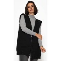 SASSYCLASSY Strickweste Lange ärmellose Strickweste für Damen Weste aus grobem Strick mit strukturierten Schultern Offwhite Schwarz
