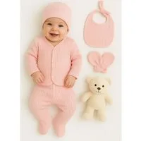 Jungengel Neugeborenen-Geschenkset Erstausstattung Babykleidung nach Geburt Baby-Set Babyausstattung Rosa (Bekleidungsset, 5-tlg., 5-teiliges Set aus Strampler, Mütze, Lätzchen und 2 Fäustlingen) Rosa / Pink, 5-Teilig, 0-3 Monate, Baumwolle, Atmungsa