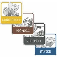 SafetyMarking Hinweisschild für Mülltrennung, (Aufkleber Set Mülltrennung (4 Aufkleber) - PVC Folie, selbstklebend - 10,0 x 10,0 cm, eckig, Symbole: Kunststoff, Papier, Bio- und Restmüll), Qualität made in Germany