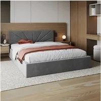 FDM Polsterbett SUNSET Bettgestell MADE IN EU - mit hochwertigem Velours Bezug (verfügbar 90x200 120x200 140x200 160x200 180x200cm, Bettrahmen, Bett, mit großen gepolsterten Kopfteil, mit Bettkasten zum aufklappen), Hebbarer Metallrahmen, Bettkasten,