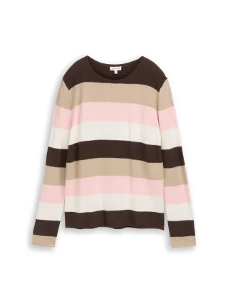 Tom Tailor - Strickpullover mit Rundhalsausschnitt brown beige pink stripe - Gr. - XXL