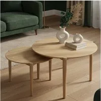 skølm Couchtisch Åsarna aus Eiche Massivholz (70 cm & Ø50 cm, geölt & lackiert, 2er Set), natur, bis 10kg belastbar, Beistelltisch rund, Sofatisch mit 3 Beinen