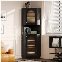 Flieks Badkommode Eckschrank mit LED-Beleuchtung Hochschrank (1 St., mit verstellbaren Einlegeböden, B45/H166,5 cm), Dreieckiger Badezimmerschrank mit 2 Glastüren und 6 Fächern