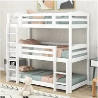 Flieks Etagenbett (mit 2 Leiter und 2 Set Lattenrost), Dreier-Etagenbett Hochbett Kiefernholzbett Kinderbett 90x200cm