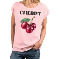 MAKAYA Kurzarmshirt Damen Sommer Shirt mit Aufdruck Kirschen Luftig Elegant Sportlich (Weiß, Rosa, Grau, Grün, 34, 36, 38, 40, 42, 44, 46, 48, 50) große Größen