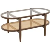 COSTWAY Couchtisch, Glas, Rattan, Holz Sofatisch mit Stauraum, 102x56x47cm