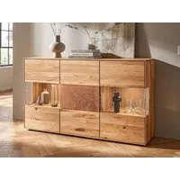Massivart® Sideboard 150 cm Breite Massivholz Wildeiche geölt Hirnholz »TORVEN«, montiert · 3 Drehtüren · Glaseinsatz · Soft-Close-Funktion