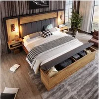 Flieks Holzbett, Doppelbett 180×200cm mit Leselampe, Nachttisch mit Aufladen, Sitzbank