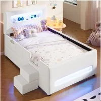 Flieks Polsterbett, Kinderbett Einzelbett 90x200cm mit LED-Lichtleisten, Schublade, Treppe