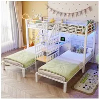 Flieks Etagenbett, Dreierbett Metall Kinderbett 90x200cm mit Schreibtisch & Ladefunktion