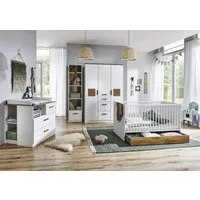 möbel-direkt.de Babyzimmer-Komplettset Gotland in Weiß, Plankeneiche und Hirnholz, (Komplett Set, 6-tlg., Kleiderschrank, Babybett, Umbauseiten, Wickelkommode, Regale), Made in Germany, moderne Plankeneiche mit Hirnholz