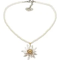 Alpenflüstern Collier Perlen-Trachtenkette Greta mit Strass-Edelweiß groß (creme-weiß), - Damen-Trachtenschmuck Dirndlkette