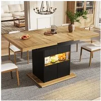 Flieks Esstisch ausziehbar Küchentisch mit LED-Beleuchtung (erweiterbare Tischplatte in Holzoptik, Länge110-140x80x76 cm, 1-St., 1 Tisch), rechteckig Arbeitstisch mit 2 Glastüren und verstellbaren Einlegeboden