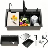 Rutaqian Einbauspüle Küchenspüle, Edelstahl Spülbecken, Einbauspüle mit Nano-Beschichtung, Flächenbündiger Einbau, 75cm Waschbecken Küche mit Ablaufgarnitur, Schneidebrett & Abtropfkorb