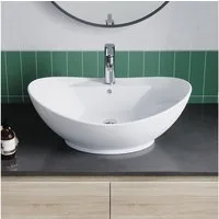 AQUALAVOS Aufsatzwaschbecken Keramik Waschbecken Weiß mit Überlauf Hahnloch für Bad Gäste-WC, Montage auf stabilen Platten, Waschtischen oder Unterschränken
