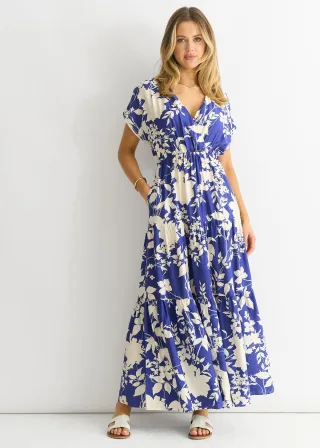Blaues geblümtes Maxikleid mit elastischer Taille