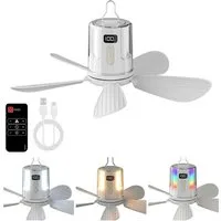 QUBEBU Deckenventilator 10800 mAh Akku Deckenventilator mit Beleuchtung Camping Zelt Terrasse, Ventilator mit Licht, Fernbedienung, Haken, 4 Geschwindigkeitsstufen