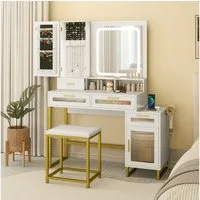 COSTWAY Schminktisch (1-St), mit LED & Ladestation, Hocker, Spiegel, Schubladen