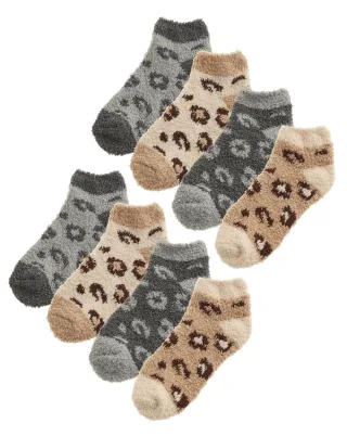 8 Paar flauschige Damen-Söckchen | Neuartige Socken mit Animal-Print, Grau/Beige